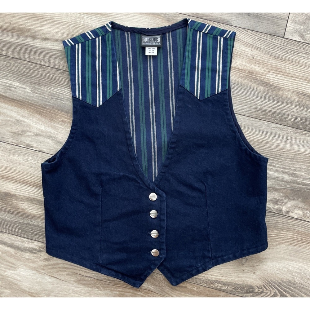 Roughriders by Circle T Womens Vintage Large Jean‎ Vest Westeren Y2K Striped